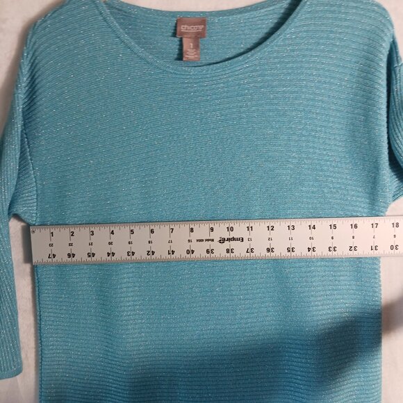 Chico's, Turquoise Blue, Sparkle, Ribbed Knit Top with 3/4 Sleeves,  Size Small - Picture 8 of 12